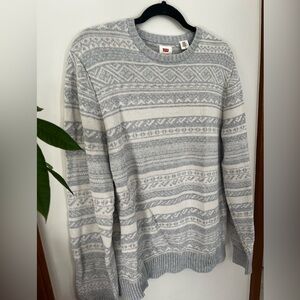 Levi's Men's Light Gray and Cream Fair Isle Crewneck Sweater